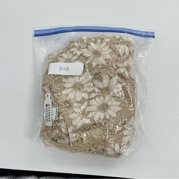 Molly Bracken Tan Cream Crochet Flower Modest Classic Preppy Sheath Dress Med - Picture 14 of 14